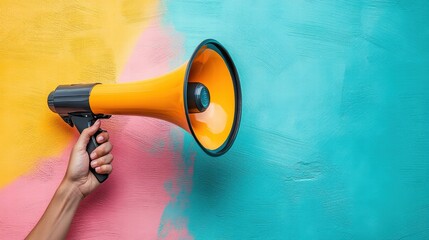 Activist holding megaphone outdoors realistic photo pastel background close-up social awareness