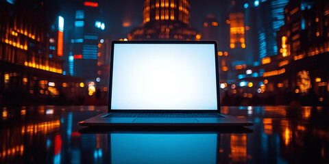 Stunning Laptop Mockup with Blank Screen in Vibrant Urban Nightscape Perfect for Showcasing Digital Designs