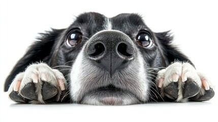 Close-up of a cute black and white dog's face peering over a white surface, paws resting on the surface.