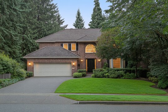 A peaceful suburban home at sunset with a manicured lawn, a picket fence, and warm lights glowing through the windows