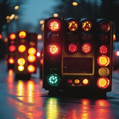 Illuminated road safety lights at night, reflecting on wet asphalt.
