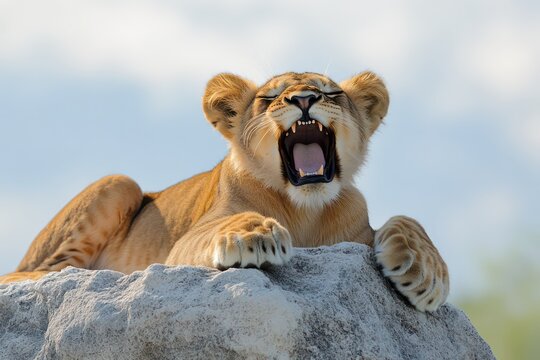 A lioness yawns while resting on a rock under a blue sky.