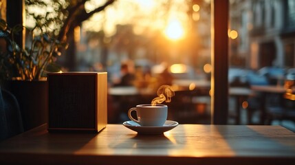 A serene coffee moment at sunset, capturing warmth and relaxation.