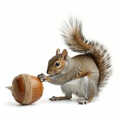 Obraz premium Eastern gray squirrel reaching for an acorn on white background