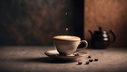 A moody, atmospheric photograph of a solitary Drip coffee, a specialty drink, set against a muted, earthy-toned backdrop, evoking the essence of expertly crafted beverages from skilled baristas, with 