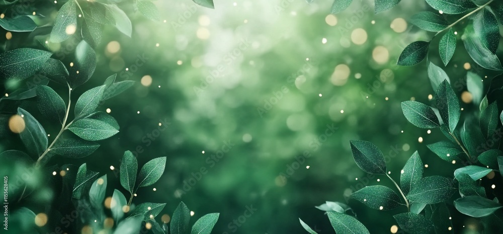 Poster a serene green background with leaves and soft bokeh lights.
