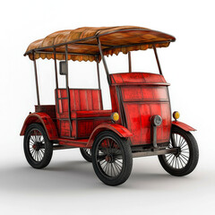 Red vintage four-wheeled vehicle with a canopy.