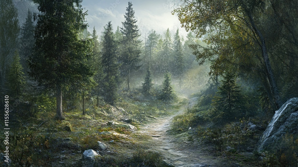 Poster misty forest path with sunlight streaming through trees.
