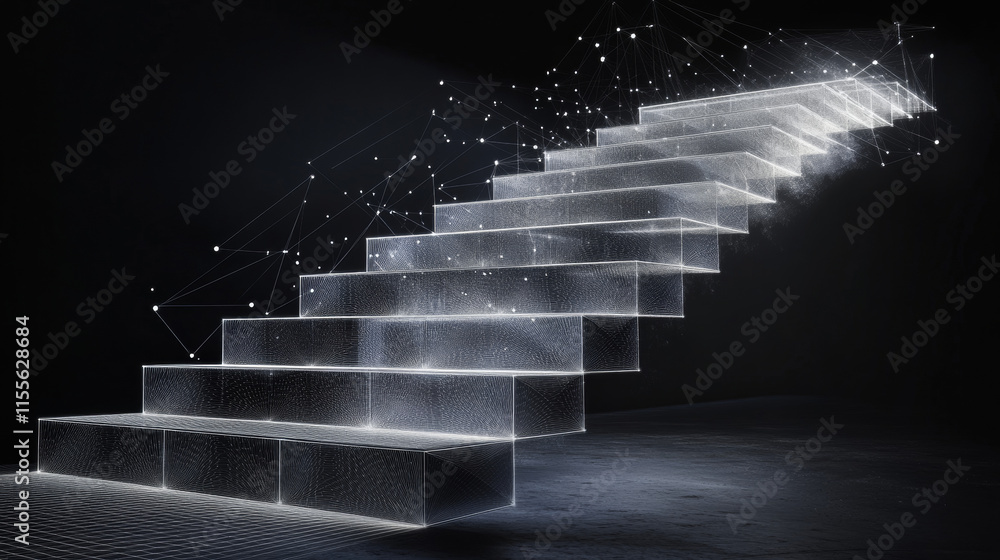 Aufkleber a hologram of a staircase. a ladder of polygons, triangles of points and lines. the steps are low-po