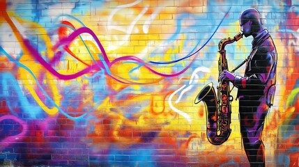A vibrant mural of a male saxophonist against a colorful background.