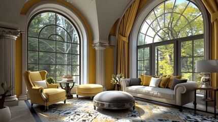 Elegant modern living room with large windows and stylish decor