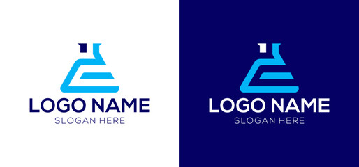 Letter E Bottle Lab Science Logo Design Vector Icon Illustration Graphic Emblem.