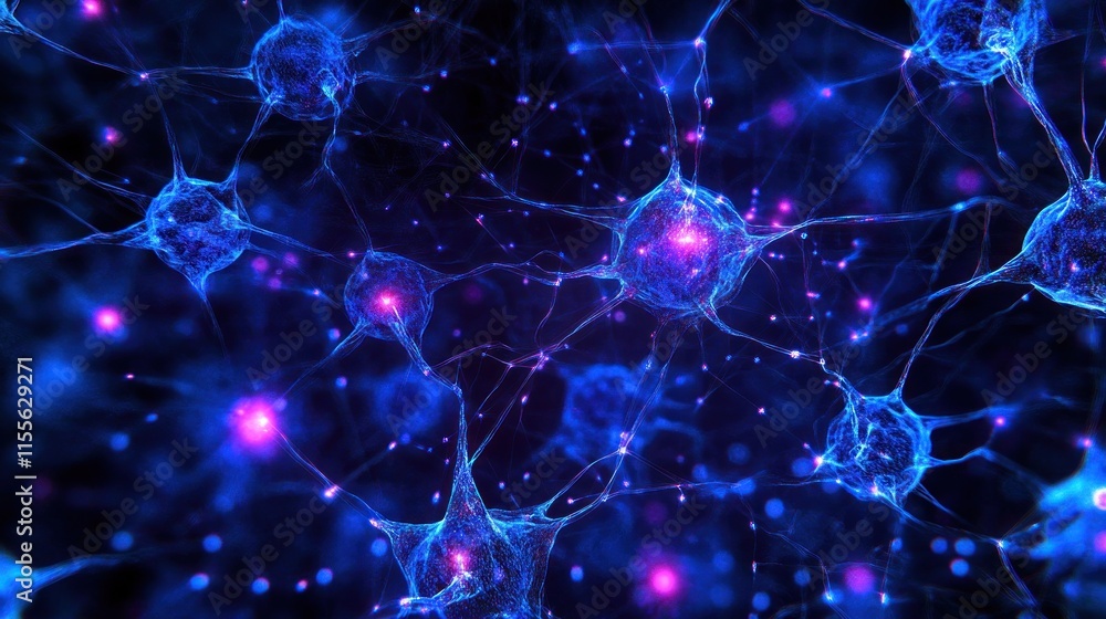 Poster Microscopic view of glowing neurons interconnected, forming a complex neural network.