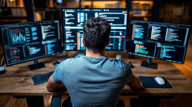 A blockchain developer reviewing decentralized app (dApp) code, with blockchain data flows on multiple monitors