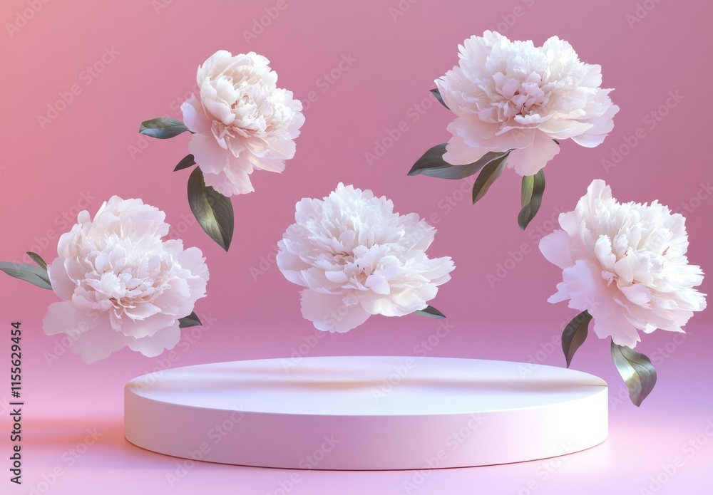 Poster delicate pink flowers floating above a round pedestal display on a soft pink background, creating a 
