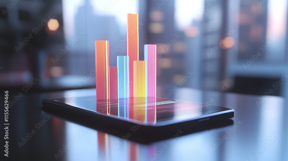 Poster hologram bar chart. phone in isometric view. hologram bar chart in isometric view. a bar chart is di