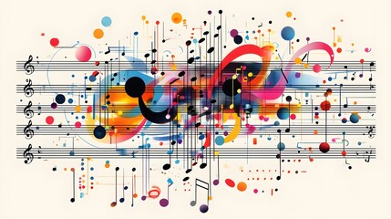 Obraz premium Vibrant Abstract Music Notes and Colorful Patterns Blending Together to Create a Dynamic Visual Harmony of Sound and Rhythm