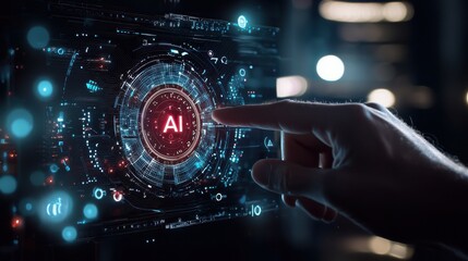 Fototapeta premium A futuristic hand interacts with a glowing AI interface, symbolizing advanced technology and digital innovation.