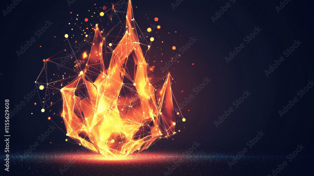 Poster the hologram is fire. fire from polygons, triangles of dots and lines. the fire icon is a low-poly c