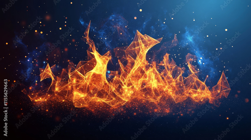 Poster the hologram is fire. fire from polygons, triangles of dots and lines. the fire icon is a low-poly c