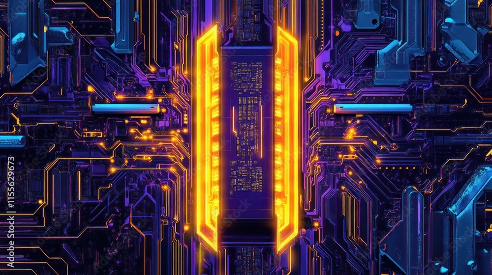 Poster futuristic glowing cpu in a complex circuit board.