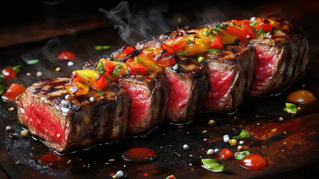 Flamegrilled steak sizzling event rustic grill digital art cozy restaurant close-up view culinary delight