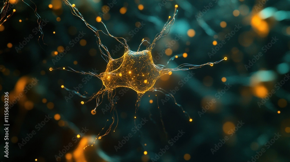Poster Microscopic view of a neuron with glowing connections and synapses.
