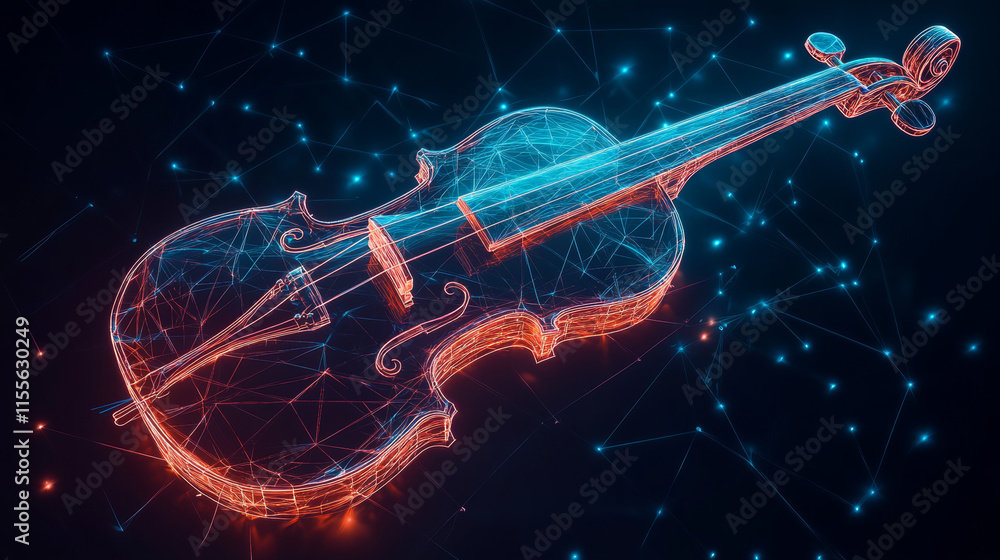 Poster a hologram of a violin. a violin made of polygons, triangles of dots and lines. the violin has a low