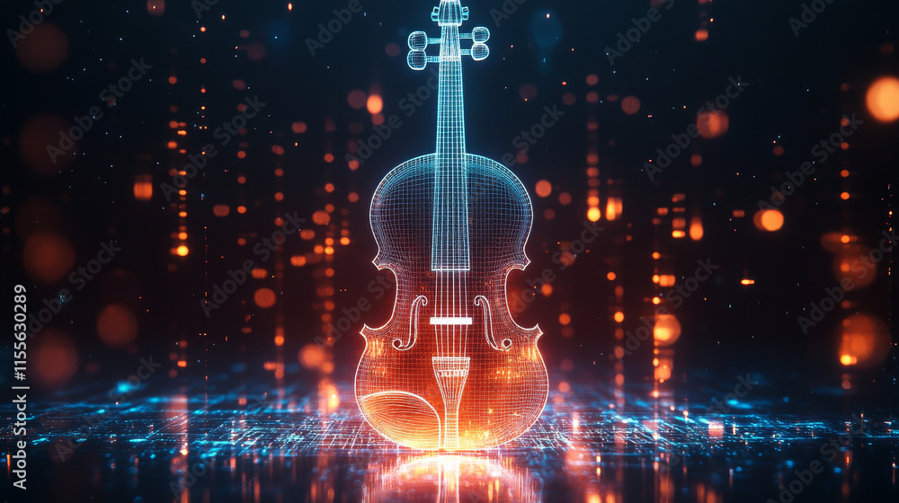 Poster a hologram of a violin. a violin made of polygons, triangles of dots and lines. the violin has a low