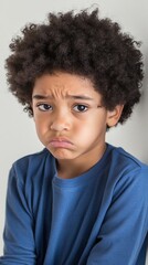 Obraz premium Emotional portrait showcasing genuine expression of disappointment and frustration on young face with natural curly afro hairstyle against light background, wearing casual blue top.