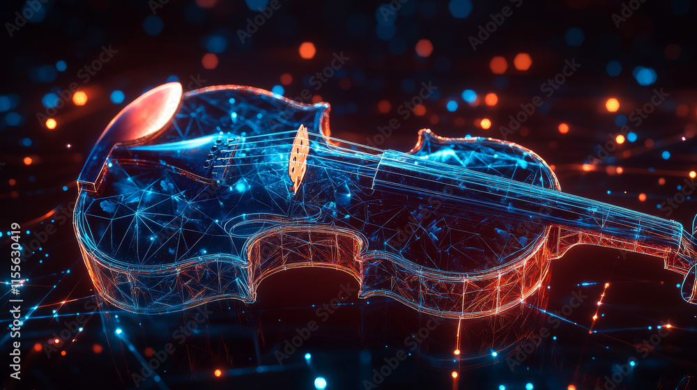 Poster a hologram of a violin. a violin made of polygons, triangles of dots and lines. the violin has a low
