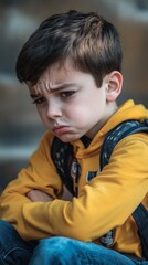 Obraz premium Young child in bright yellow hoodie showing upset emotion with crossed arms, captured in natural portrait style with shallow depth of field and soft background blur