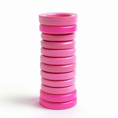 Pink rings stacked vertically creating a column on a white background, with some rings in a brighter shade of pink