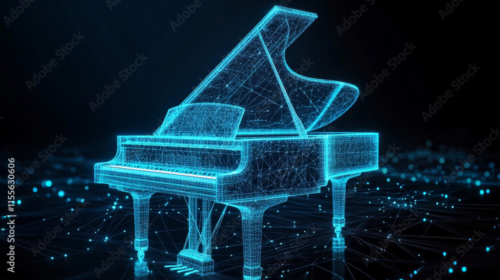 Poster a hologram of a piano. a piano made of polygons, triangles of dots and lines. the piano has a low po
