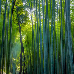 Fototapeta premium Emerald Enclave: A Meditative Walk Through a Bamboo Forest Bathed in Sunlight