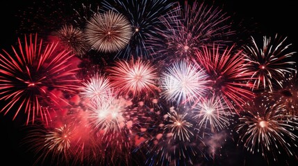 Vibrant Red and White Fireworks Show with Dazzling Light Effects on a Red Background: Grand Celebratory Scene Captured in High Resolution