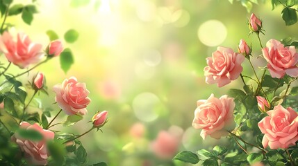 Obraz premium Beautiful delicate pink roses blooming in a serene garden setting with soft sunlight and gentle bokeh creating a tranquil and romantic atmosphere