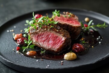 Gourmet Seared Steak with Red Sauce and Herbs
