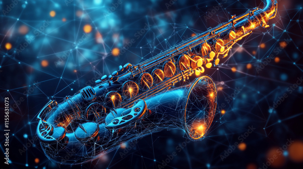 Poster a hologram of a saxophone. a saxophone made of polygons, triangles of dots and lines. saxophone low-