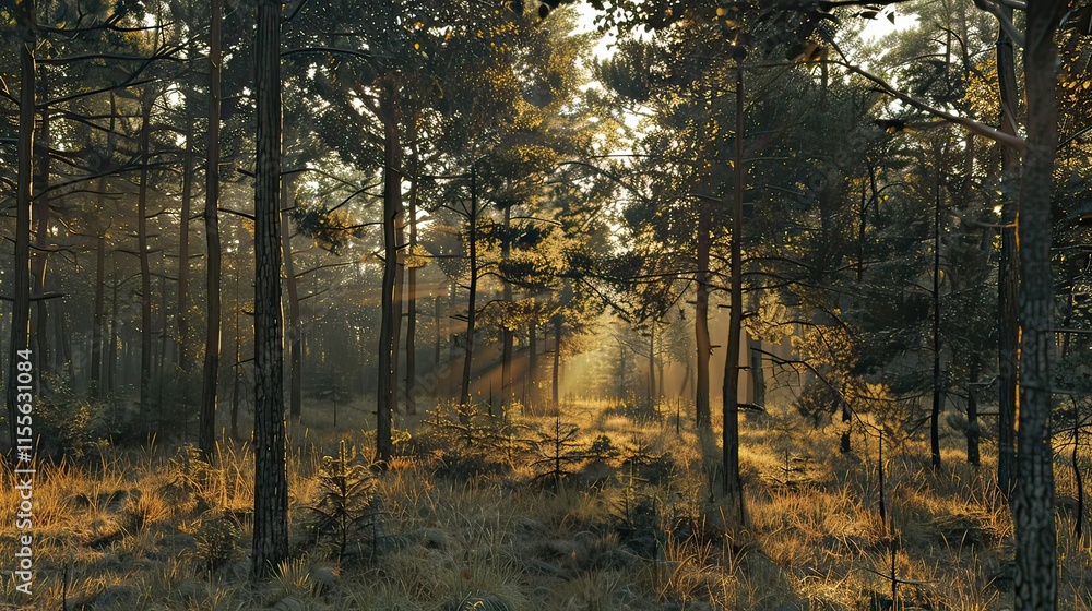 Aufkleber a vertical panoramic view of a tall forest with sunlight filtering through the trees.