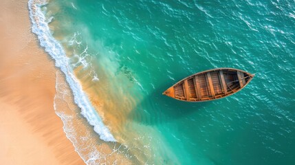 Fototapeta premium Tranquil Coastal Scene: Wooden Boat on Turquoise Waters