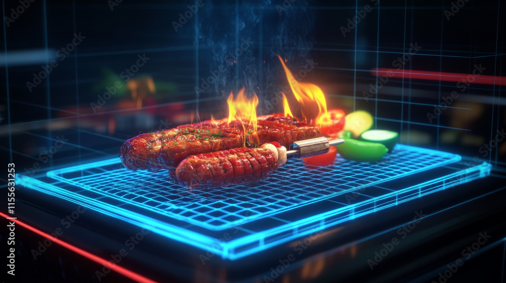 Poster a hologram of a barbecue. a barbecue made of polygons, triangles of points and lines. barbecue is a 