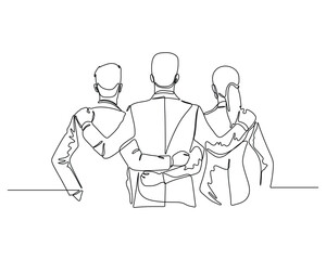 Three business person standing side by side with their arms around each other's shoulders, viewed from behind. A continuous line drawing of business and finance illustration