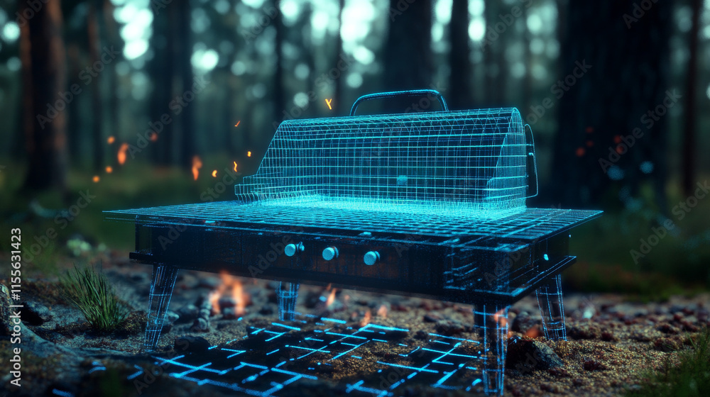 Poster a hologram of a barbecue. a barbecue made of polygons, triangles of points and lines. barbecue is a 