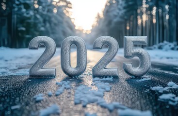 A snowy road scene featuring the year 2025 prominently displayed.