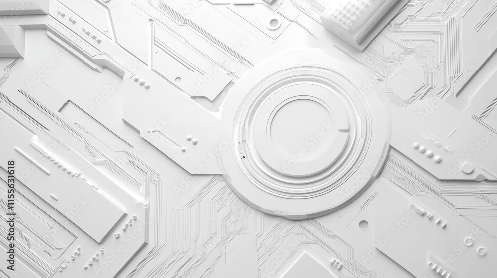 Fototapete abstract white futuristic technological background with circuitry and central circular element.