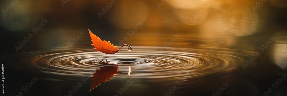 Poster autumn leaf falling on water creating ripples and reflection.