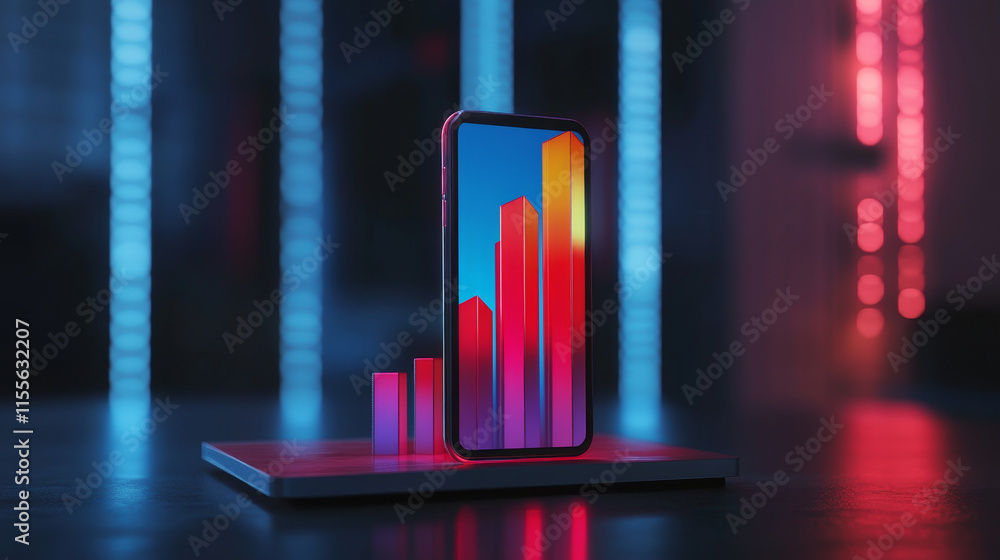 Poster hologram bar chart. phone in isometric view. hologram bar chart in isometric view. a bar chart is di