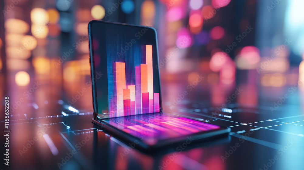 Poster hologram bar chart. phone in isometric view. hologram bar chart in isometric view. a bar chart is di