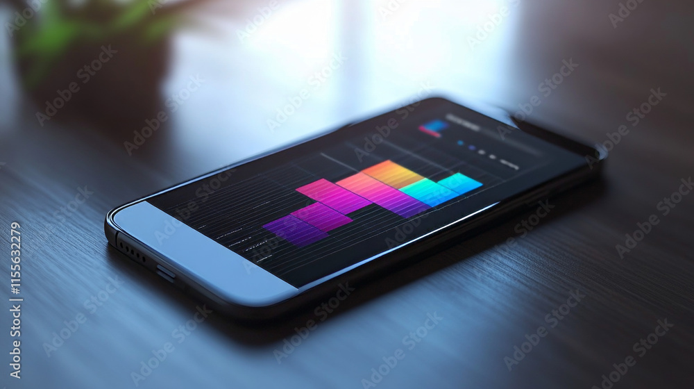 Poster hologram bar chart. phone in isometric view. hologram bar chart in isometric view. a bar chart is di